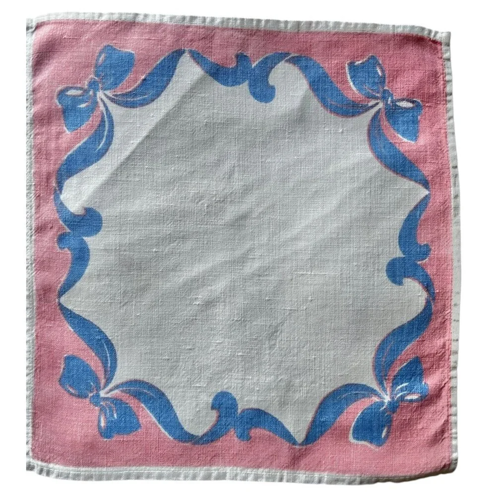 Vintage Pink & Blue Ribbon Motif Linen Napkin 10.125” X 10.75” Replacement